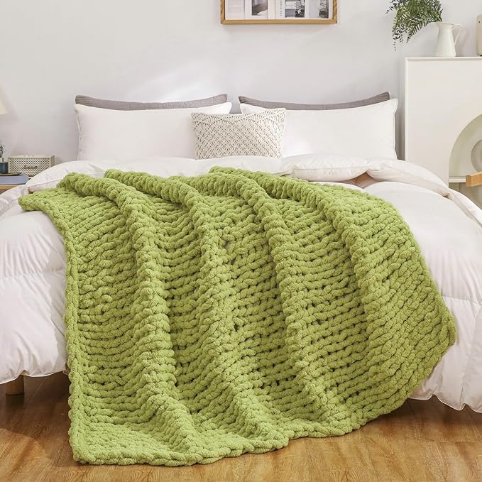 WESHIONGOO Chunky Knit Blanket Throw 51"×63" Knitted Throw Blankets for Couch Bed Fluffy Soft Blanket with Jumbo Chenille Yarn Thick 100% Handmade (Lime Green)
