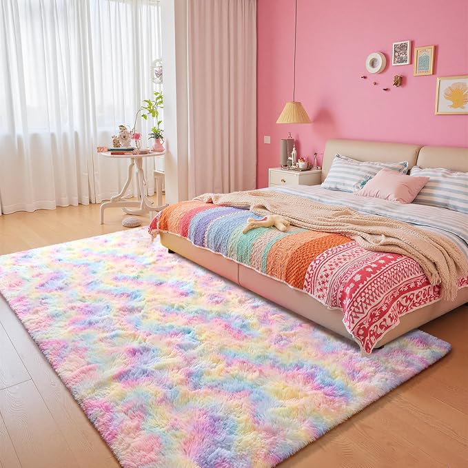 junovo 6x9 Washable Area Rug for Girls Bedroom Living Room, Tie-Dyed Rainbow Soft Non-Slip Fluffy Rugs, Shag Plush Memory Foam Carpet for Kids Room Baby Nursery Home Decor