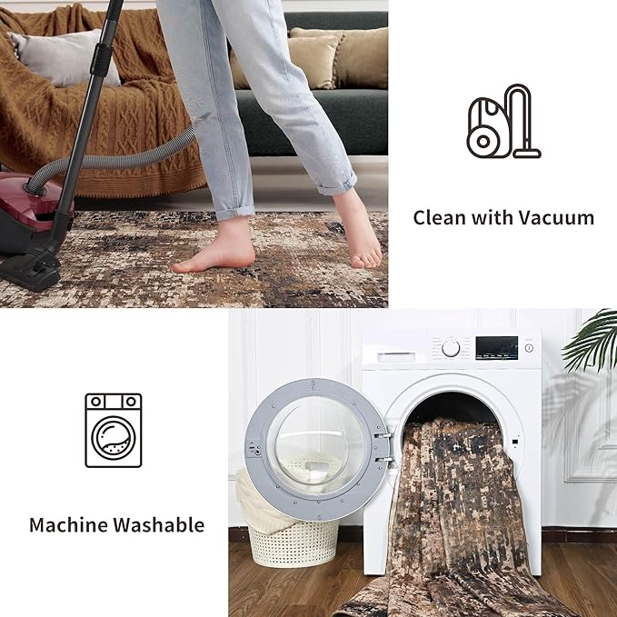 Area Rug 6x9 Washable Rugs Modern Abstract Area Rug Soft Non-Slip Non-Shedding Faux Wool Stain Resistant Floor Carpets for Living Room Bedroom Dining Room Kids Room Home Office (Brown)