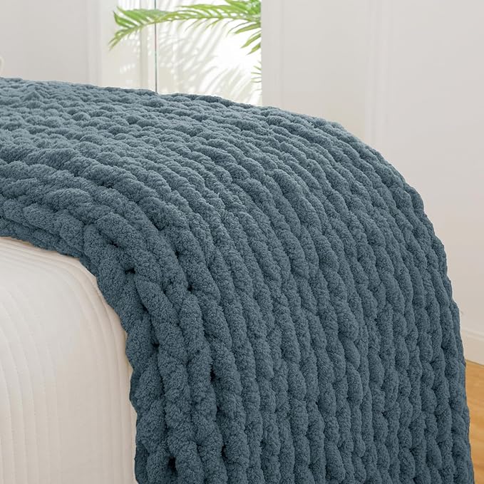 YAAPSU Chunky Knit Throw Blanket for Couch, 51"x63", 100% Hand Knitted Thick Cable Knit with Cozy Jumbo Chenille Yarn, Soft Large Rope Knot Crochet Blankets for Sofa Bed Living Room Décor, BlueSpruce