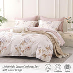 ALEISSEL Vintage Natural Cotton Comforter Queen Size 3Pcs - Brown & Lilac Gray Branches and Soft Blush Flowers on Off-White, Lightweight Reversible Floral Bedding Sets(Full/Queen,90"×90")
