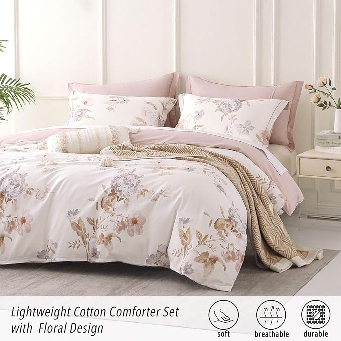 ALEISSEL Vintage Natural Cotton Comforter Queen Size 3Pcs - Brown & Lilac Gray Branches and Soft Blush Flowers on Off-White, Lightweight Reversible Floral Bedding Sets(Full/Queen,90"×90")