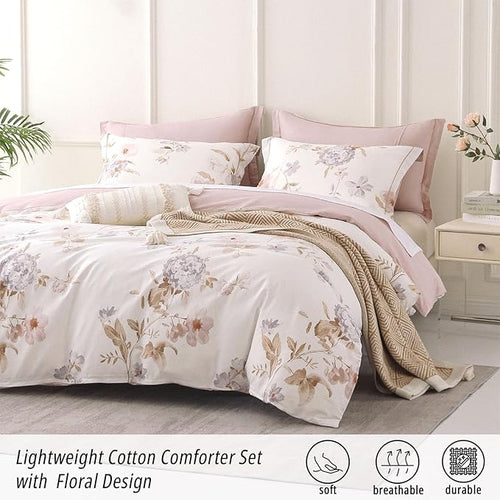 ALEISSEL Vintage Natural Cotton Comforter King Size 3Pcs - Brown & Lilac Gray Branches and Soft Blush Flowers on Off-White, Lightweight Reversible Floral Bedding Sets(King,104"×90")