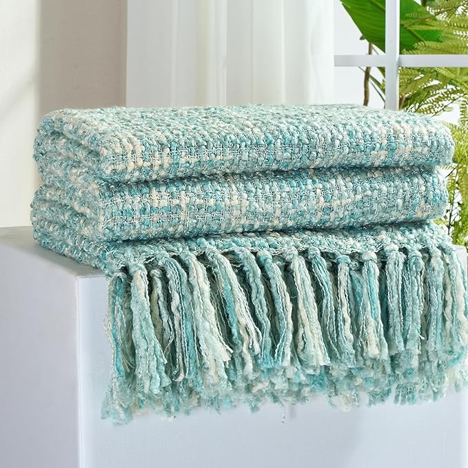 Multi-Color Turquoise Cable Woven Throw Blanket for Couch,50"X60" Boho Style Textured Blankets for Home Decor,Super Soft Warm Cozy Chunky Blanket with Decorative Tassels for Bed