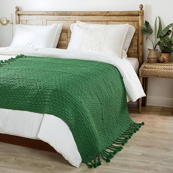 Home Soft Things Chunky Knit Basket Weave Throw Blanket 50"x60" - Boho Soft Microfiber with Braided Tassels - All Season Cozy Decorative Throw for Couch, Sofa, Bed, Indoor & Outdoor - Eden Green