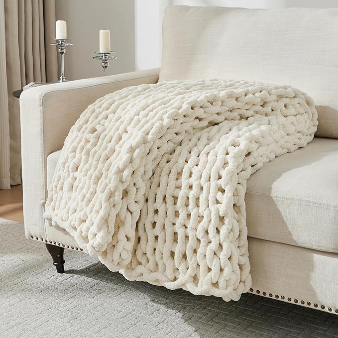 YAAPSU Chunky Knit Throw Blanket for Couch, 51"x63",100% Hand Knitted Thick Cable Knit with Cozy Jumbo Chenille Yarn, Soft Large Rope Knot Crochet Blankets for Sofa Bed Living Room Décor,Vintage White
