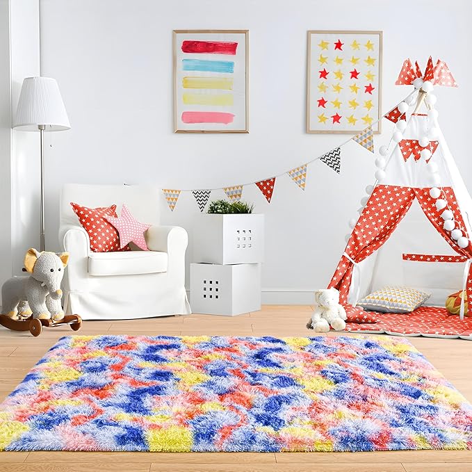 Noahas Rainbow Rug, 4x6 Feet, Blue/Yellow, High Pile, Machine Made, Non-Slip Grip, Machine Wash, Girls Room Decor