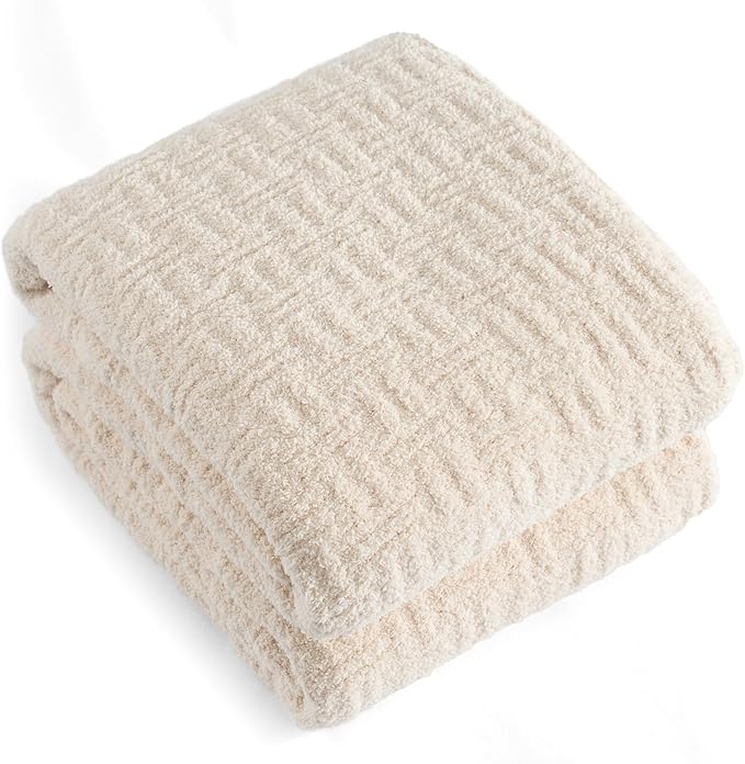 Buttery Soft Knit Throw Blanket 60x80 for Bed or Couch, Reversible Oversized Decorative Blanket, Lightweight Warm Microfiber Knitted Throw for Bedroom, Living Room, Farmhouse Cozy Gift, Ivory White