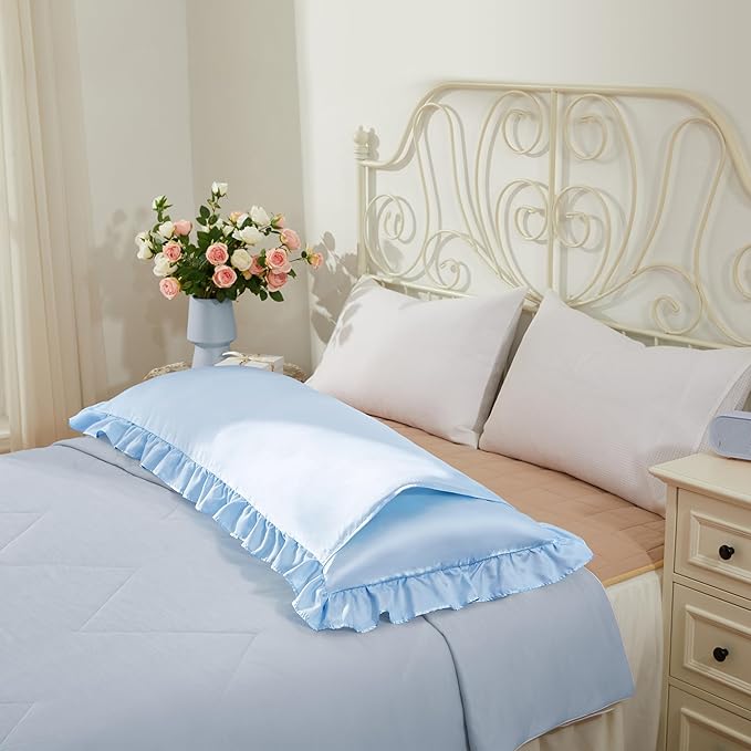 Light Blue Satin Pillowcases Body Pillow for Hair and Skin,Light Blue Body Pillow Silk Pillowcase with Envelope Closure Princess Room Decoration