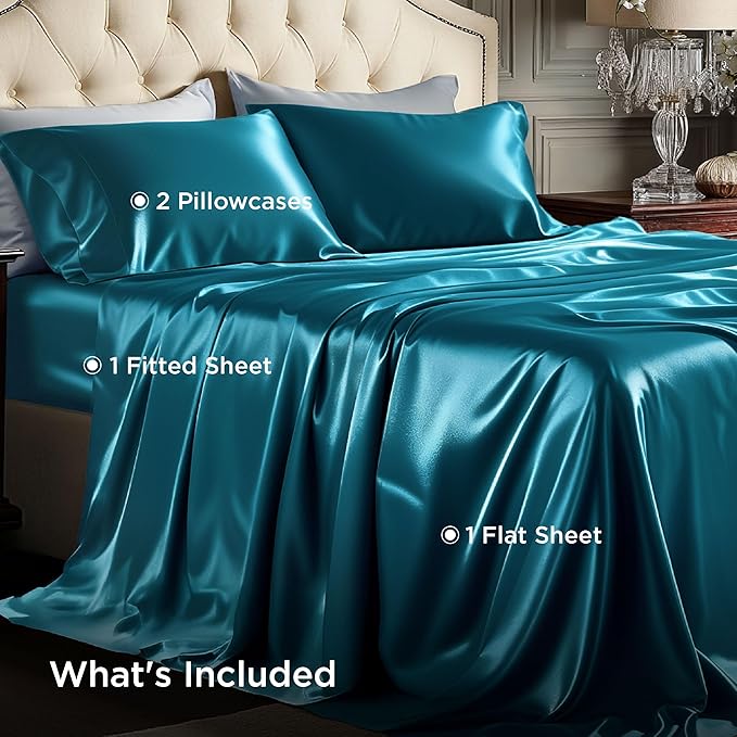 Bedsure Satin Sheets Full Size - 4 Piece Silky Bedsheets with 15 Inches Deep Pocket Fitted Bedsheet,1 Flat Sheet, 2 Satin Pillowcases, Good for Hair & Skin (Full, Teal)