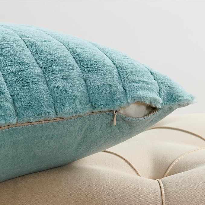 Striped Throw Blanket and Pillow Covers Set (No Inserts) for Couch and Bed, Plush Warm Lightweight Fuzzy Faux Fur Blanket for All Seasons (50" x 60", Pastel Blue)