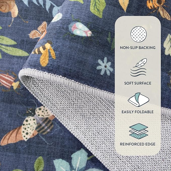 Lahome Chloe Insect Botanical 2x6 Runners for Hallways Non Slip, Blue Bathroom Kitchen Runner Rugs Non Skid Washable, Boho Soft Indoor Carpet for Entryway Laundry Bedroom(Dark Blue,2x6)