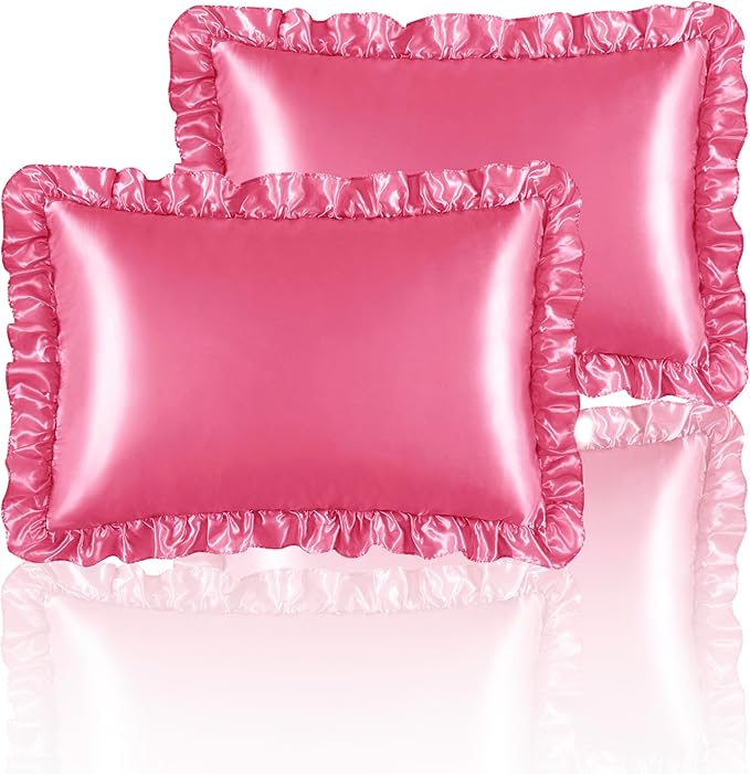 Silky Satin Ruffled Pillow Cases for Hair and Skin,Peach Red Silk Pillowcases King Set of 2 with Envelope Closure Princess Room