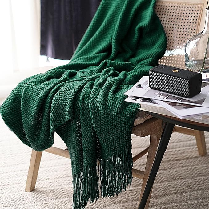 LOMAO Knitted Throw Blanket with Tassels Bubble Textured Lightweight Throws for Couch Cover Home Decor (Green, 50x60)