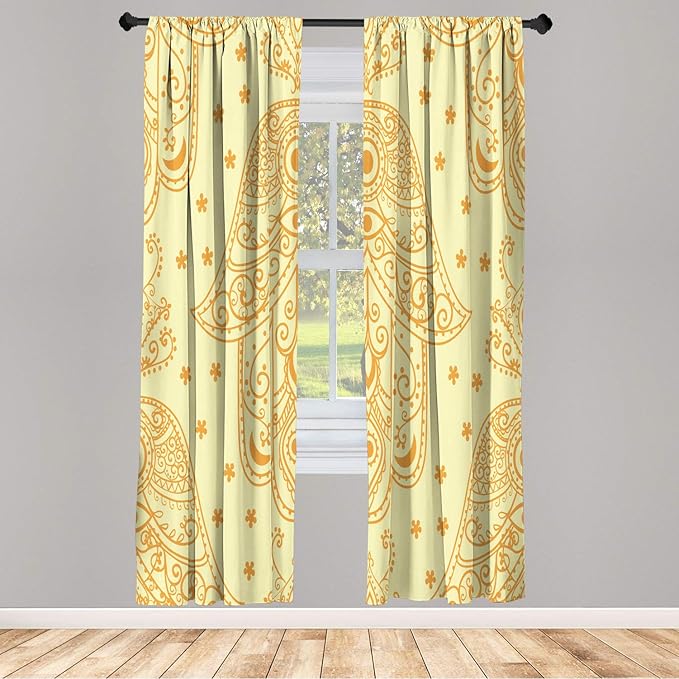 Lunarable Hamsa Window Curtains, Egyptian Boho Hand Shape Pattern Eye Design Bridal Night Inspired Art, Lightweight Decorative 2-Panel Set & Rod Pocket, Pair of - 28" x 95", Pale Yellow