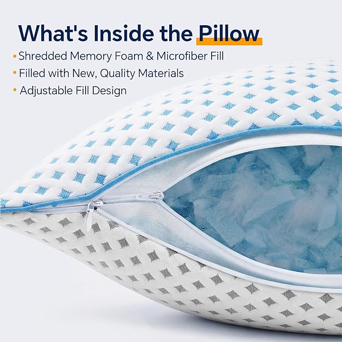 Pillows Queen Size Set of 2 for Sleeping, Cooling Adjustable Memory Foam Pillows, Dual Fill Design Helps Maintain Shape, Breathable Washable Cover