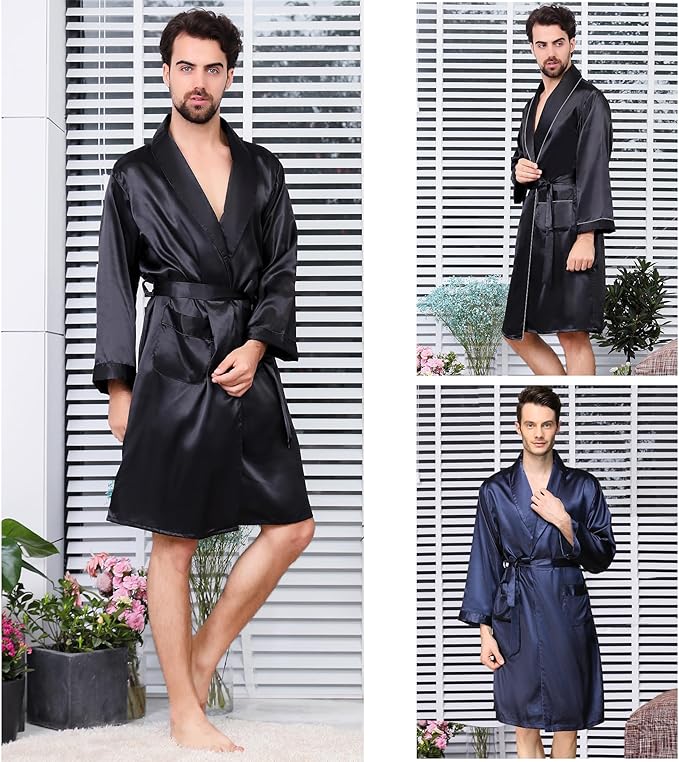 Haseil Men's Satin Robe Dragon Luxurious Silk Spa Long Sleeve House Kimono Bathrobe