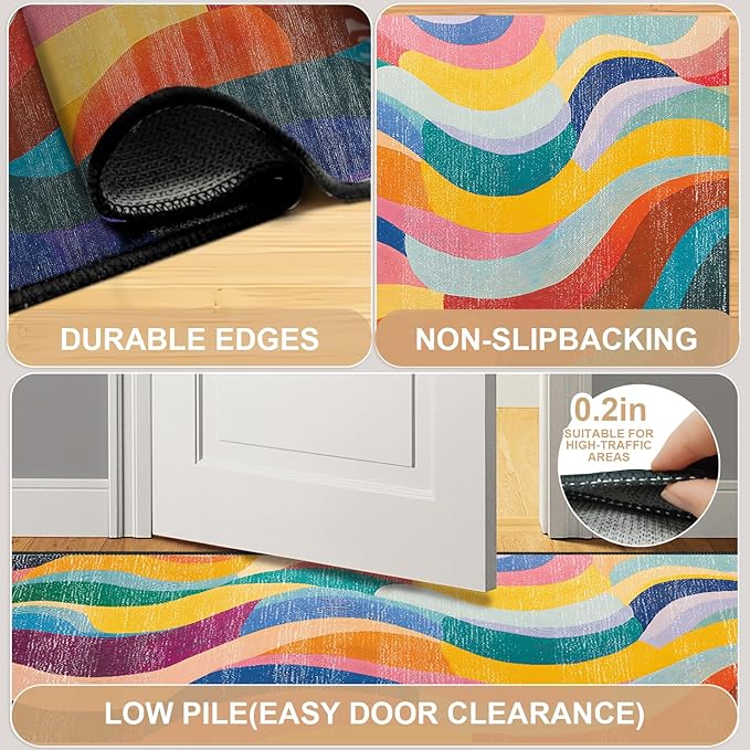 Area Rug 2x3 ft Rug Washable Boho Rugs Non Slip Low Pile Floral Small Carpet for Bedroom, Bedside, Kids Room, Office, Dining Room (Rainbow Pattern, 2x3 ft)