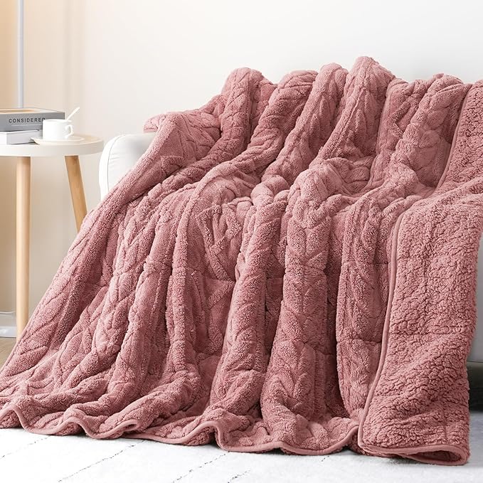 Cottonblue Jacquard Weighted Blanket 15 lbs for Adults Queen Size, Ultra Soft Sherpa Fleece Blanket for Relax and Sleep, Cozy Comfort Heavy Bed Blankets with Glass Beads, 60x80 Inches, Apricot Pink