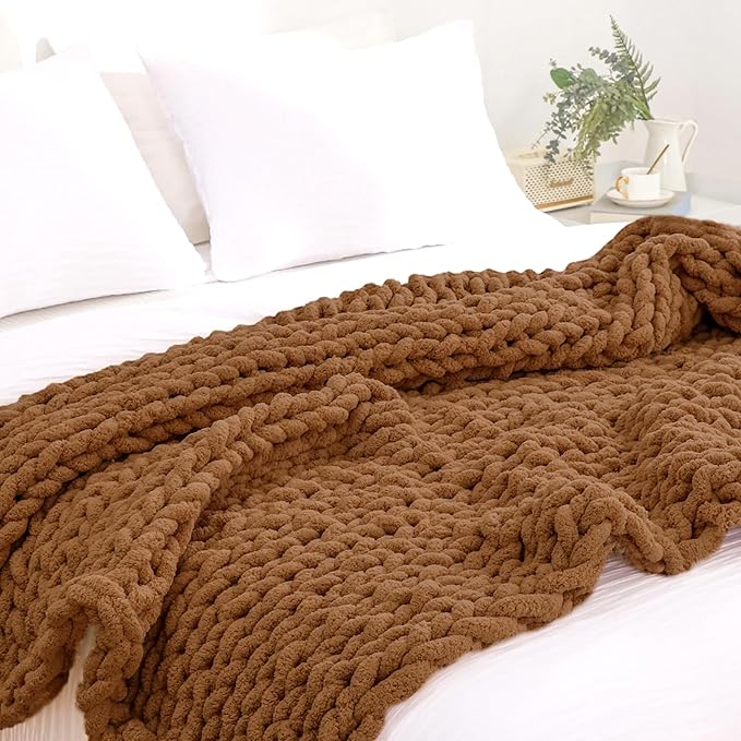 YAAPSU Chunky Knit Throw Blanket for Couch, 51"x63", 100% Hand Knitted Thick Cable Knit with Cozy Jumbo Chenille Yarn, Soft Large Rope Knot Crochet Blankets for Sofa Bed Living Room Décor, Caramel