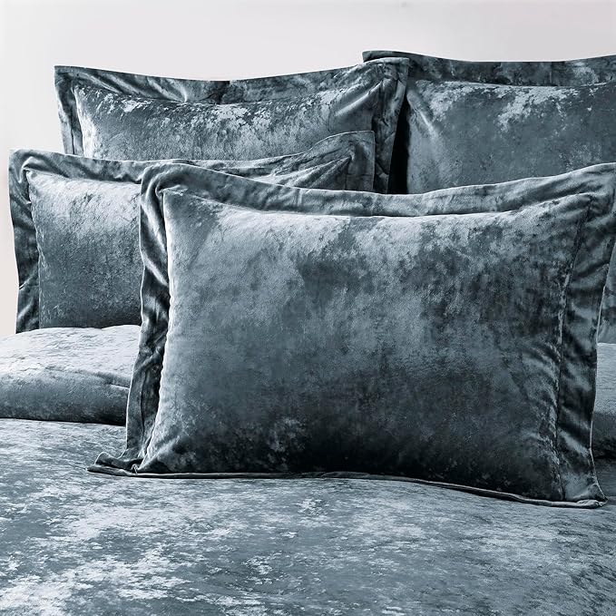 Fredsure Distressed Velvet Comforter Set, 5 Pieces Smoke Blue King, Distressed Velvet Face and Brushed Microfiber Reverse