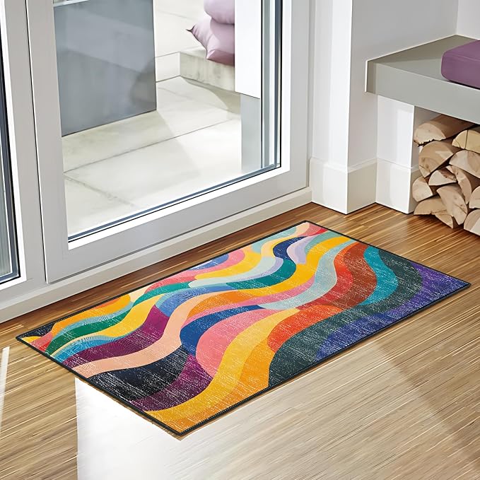 Area Rug 2x3 ft Rug Washable Boho Rugs Non Slip Low Pile Floral Small Carpet for Bedroom, Bedside, Kids Room, Office, Dining Room (Rainbow Pattern, 2x3 ft)