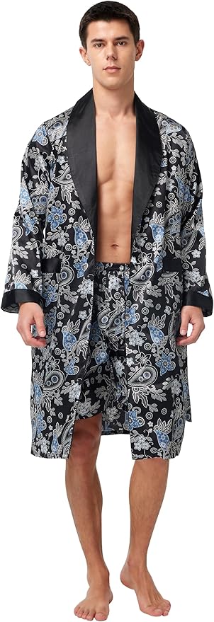 Tony & Candice Men's Satin Robe Lightweight Long Sleeve Silk Kimono Bathrobe with Shorts Set Sleepwear