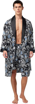 Tony & Candice Men's Satin Robe Lightweight Long Sleeve Silk Kimono Bathrobe with Shorts Set Sleepwear
