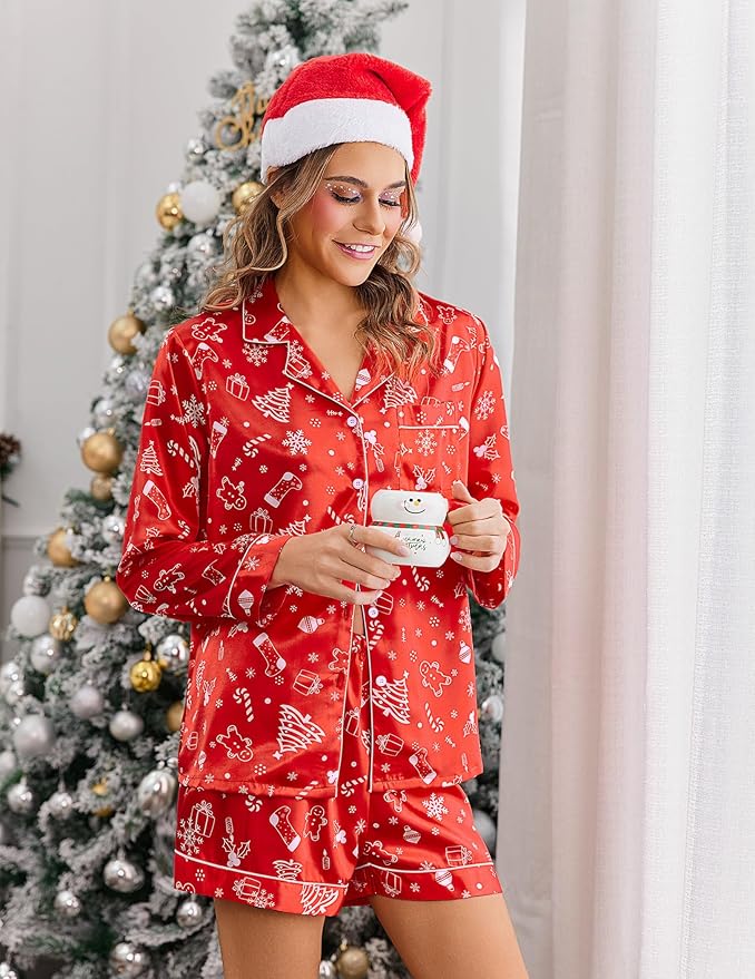 Ekouaer Satin Pajama Set for Women Button Down Pj Set Long Sleeve Top and Shorts 2 Piece Loungewear Summer Soft Sleepwear