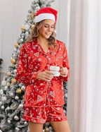Ekouaer Satin Pajama Set for Women Button Down Pj Set Long Sleeve Top and Shorts 2 Piece Loungewear Summer Soft Sleepwear