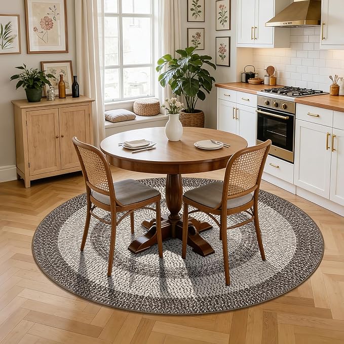 Modern Bordered Round Area Rug 4ft Washable Bedroom Circle Rugs Non Slip Stain Resistant Dining Room Round Throw Carpet Contemporary Circle Mats for Living Room Kitchen Nursery, Mocha