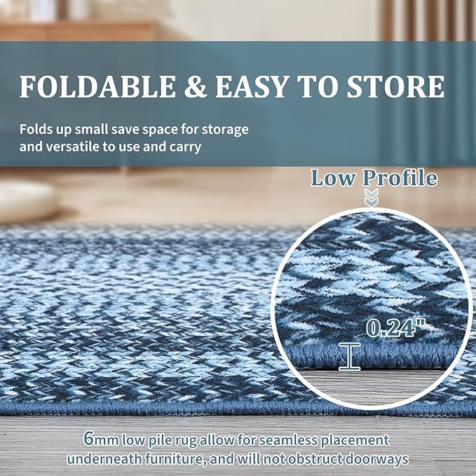 RUGSREAL 8x10 Braided Print Area Rug Washable Rug Non Slip Farmhouse Rustic Floor Carpet Boho Dining Room Carpet Modern Geometric Throw Floor Cover Bohemian Border Rug for Living Room Bedroom, Blue