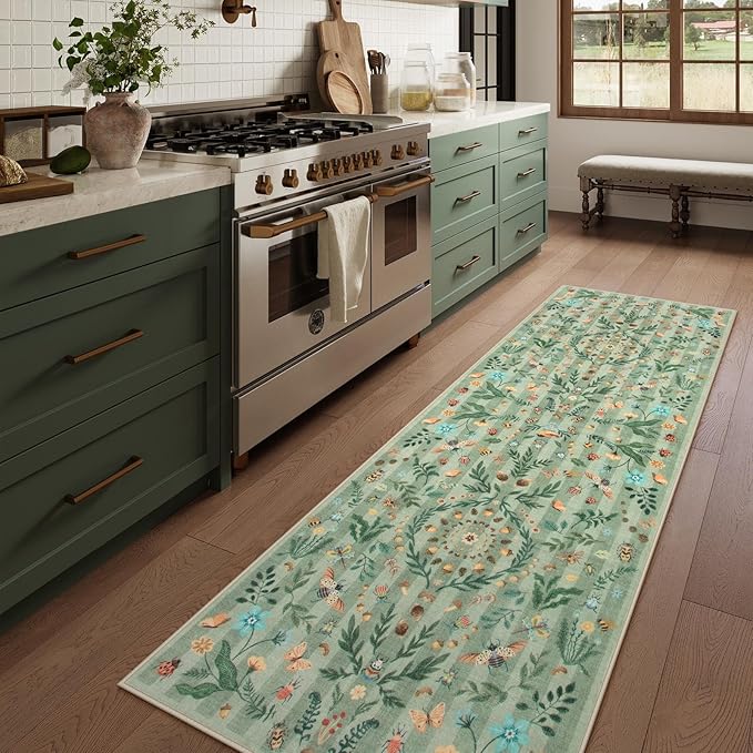 Lahome Chloe Insect Botanical 2x6 Rug Runners for Hallways Non Slip,Green Kitchen Runner Rugs Washable Bathroom Carpet Runner,Soft Non Slip Indoor Runners for Entryway Laundry Bedroom(Green,2x6)