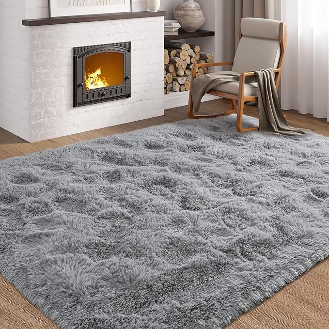 Softlife Area Rug for Bedroom, Fluffy Shag Plush Grey Rugs for Living Room Girls, Shaggy Throw Soft Fuzzy Small Kids Carpet for Dorm Bedside Ultra Cozy Non-Slip Indoor Decor, 4x5.3 Feet