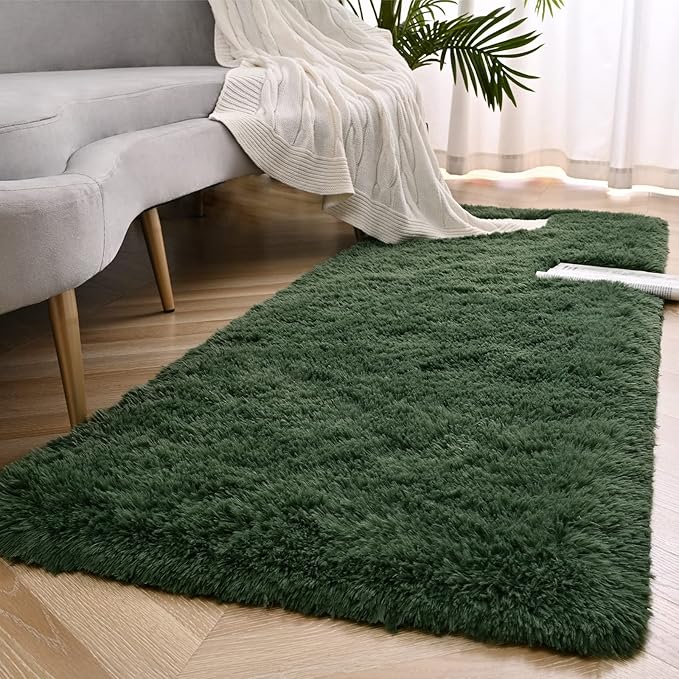 Deep Green Runner Area Rugs for Bedroom Living Room, 2x6 Feet Fluffy Bedside Rugs, Soft Shaggy Carpet Rug for Kids Room Nursery, Furry Cute Rugs for Girls Boys Dorm Room Home Decor