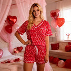 ASTANFY Valentines Day Pajamas Women 2 Piece Silk Valentine Pjs Cute Heart Pajamas V Neck Satin Sleepwear Loungewear Set