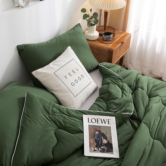 COTTEBED 3PCS Olive Green Comforter Set Queen Size - Jersey Knit T-Shirt Feeling Ultra-Soft Cute Cozy Lightweight Bedding Blanket Quilt Down Set & Pillowcase for All Season Use, Full Queen 88x92 inch