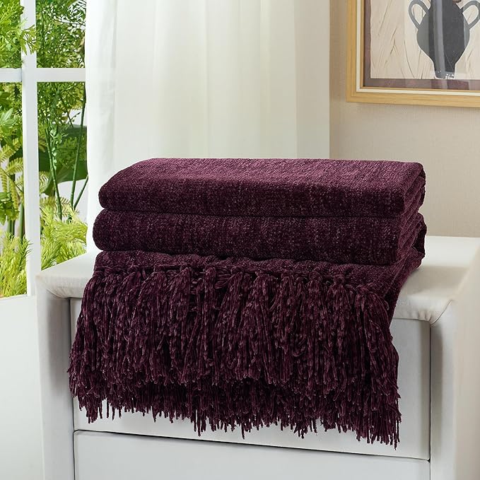 Chenille Throw Blanket for Couch with Tassels,60"X80" Soft Cozy Lightweight Knitted Boho Decorative Blankets for Bed and Sofa,Aubergine