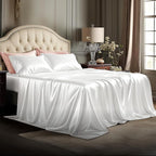 Bedsure White Satin Sheets Queen Size - 4 Piece Silky Bedsheets with 15 Inches Deep Pocket Fitted Bedsheet,1 Flat Sheet, 2 Satin Pillowcases, Good for Hair & Skin (Queen, White)