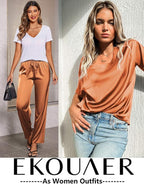 Ekouaer Womens Satin Silky Pajama Set Short Sleeve Shirt with Long Pajama Pant Set Soft PJ Loungewear