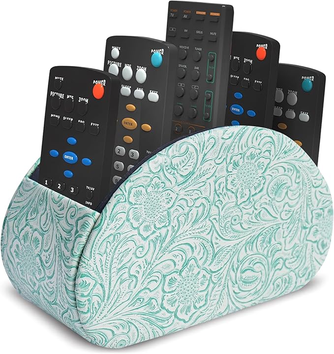 QIELIZI Remote Control Holder, PU Leather Remote Caddy Desktop Organizer with 5 Spacious Compartments for TV Remotes/Media Controllers/Office Supplies (1-Carved3 Green2