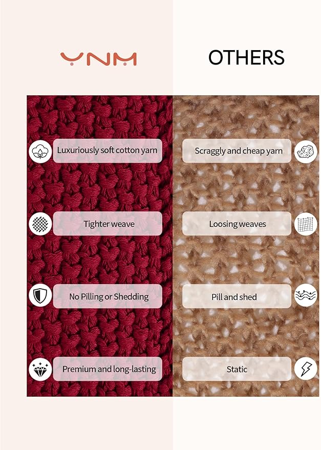 YnM Chunky Cotton Knit Throw Blanket, Cable Knit Throws for Bed Couch Sofa, Comfy & Relaxing, Decorative Piece for Farmhouse Modern Boho Rustic Scandinavian Chic Vibe, Red 80x87 Inches