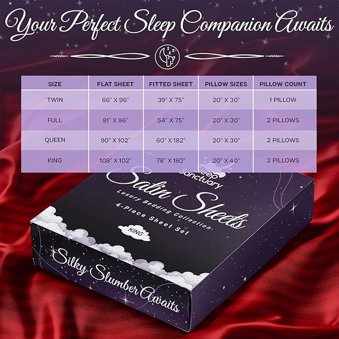 SLEEP SANCTUARY Satin Sheets Full Size – 4 Piece Luxury Silky Bed Set, Softer Than Silk, 15" Deep Pocket, Cooling & Wrinkle-Free, Moisture-Wicking & Breathable for Hair & Skin (Striped Red)