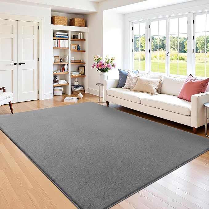 SHACOS Silky Soft Faux Rabbit Fur Area Rug 5'x7' Non Slip Washable Padded Throw Rugs Fluffy Cozy Indoor Modern Carpet for Living Room Bedroom Dining Room Kids Room Dorm Home Decor, Grey