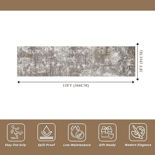 3x12 ft Long Hallway Runner Rug – Non-Slip Washable Carpet Runners for Kitchen Entryway Bathroom Modern Abstract Neutral Low-Pile Thin (Brown Beige,3x12)