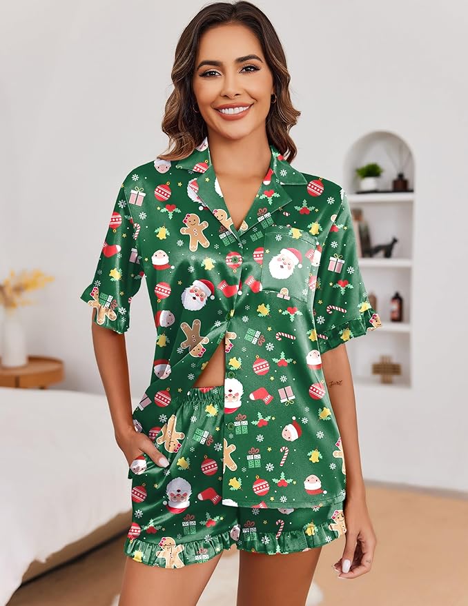Ekouaer Satin Pajama Set for Women Button Down Silk 2 Piece Pj Sets Ruffle Short Sleeve Sleepwear