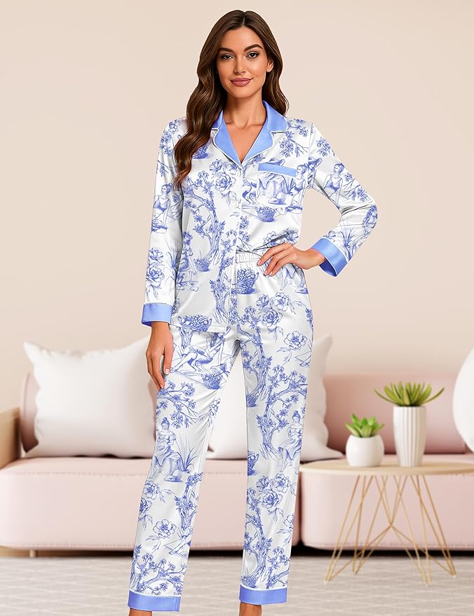 DOLOS Silk Satin Pajama Set for Women Short/Long Sleeve 2-Piece Silky Pajamas for Women Button Down Pjs Sleepwear Loungewear