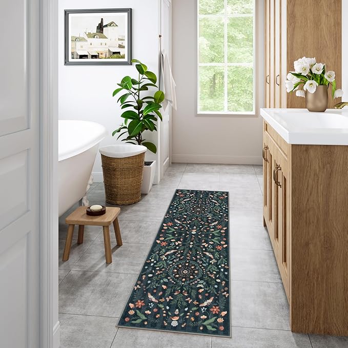 Lahome Insect Botanical 2'6"x8 Washable Black Hallway Runner Rug,Kitchen Runner Rugs Non Skid Bathroom Carpet Runners,Soft Non-Slip Indoor Rug Runners for Entryway Laundry Bedroom(Black,2'6"x8)