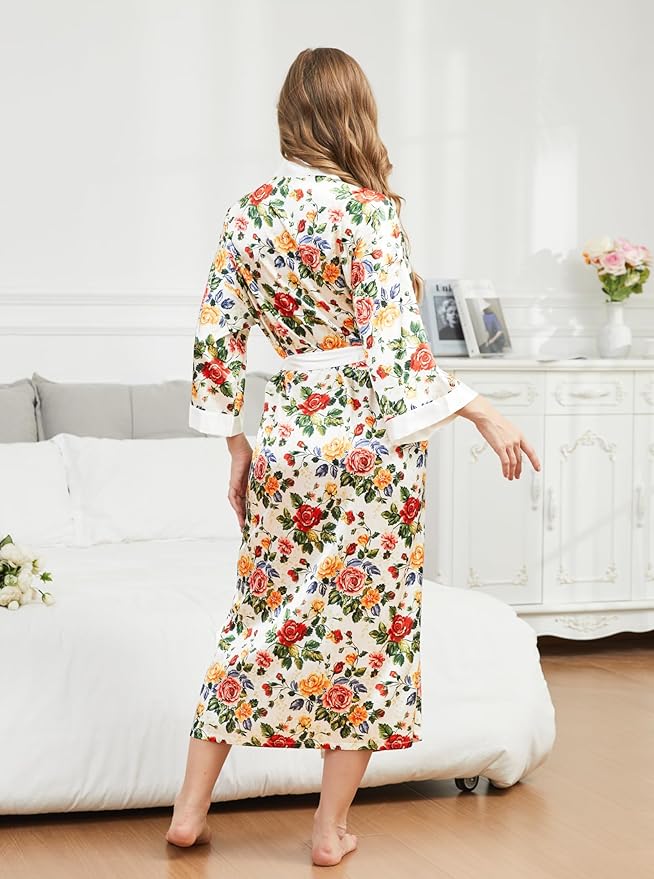 Hellomamma Womens Satin Silk Robe: Lightweight 3/4 Sleeve Comfy Floral Print Kimono Sleepwear for Bride Wedding Party Gift