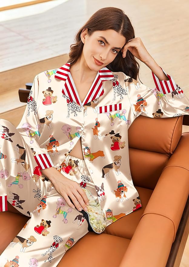 Ekouaer Silk Pajamas for Women Long Sleeve Satin Pajama Set Silky Pj Sets 2 Piece Button Down Loungewear Sleepwear